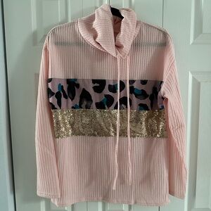 Pink Cowl Neck Sweater with Leopard and Sequin Accents
